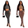 Women's European and American Fashion Solid Color Mesh Two-Piece Skirt Set with Hot Drilling