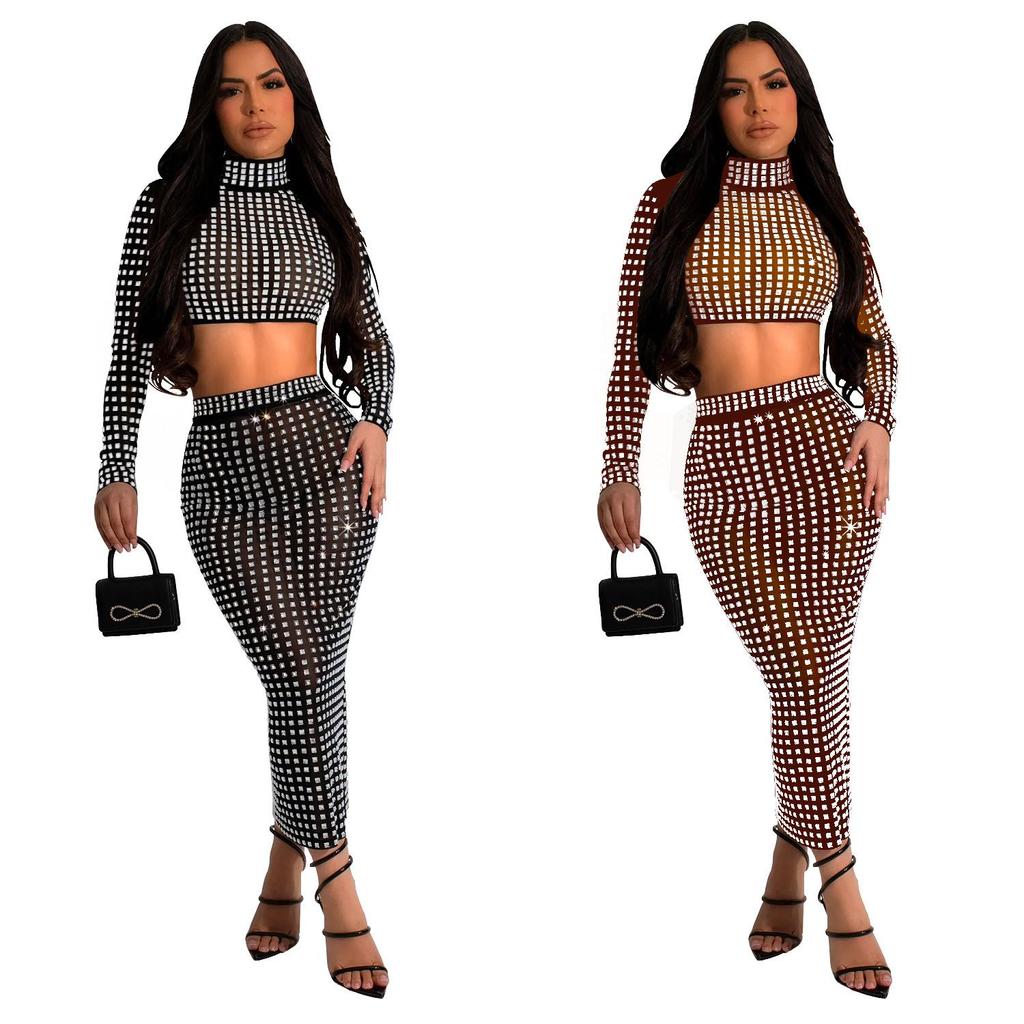 Women's European and American Fashion Solid Color Mesh Two-Piece Skirt Set with Hot Drilling