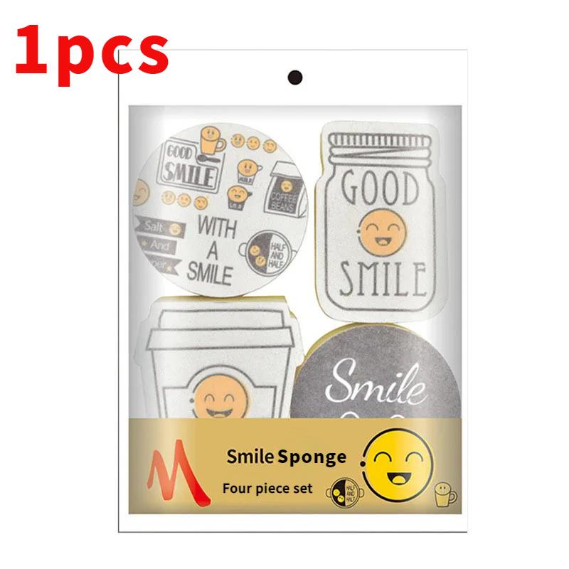 

4-piece cartoon smiley face dishwashing spongekitchen double-sided washing mathousehold pot and bowl cleaningand desktopcleaning