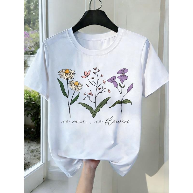 

Новая женская футболка Черный Белый Серый Цветочный принт Круглый вырез Эластичная ткань Мягкая Удобная посадка Всесезонная Модная Трендовая Подарок на Новый год День святого Валентина S белый