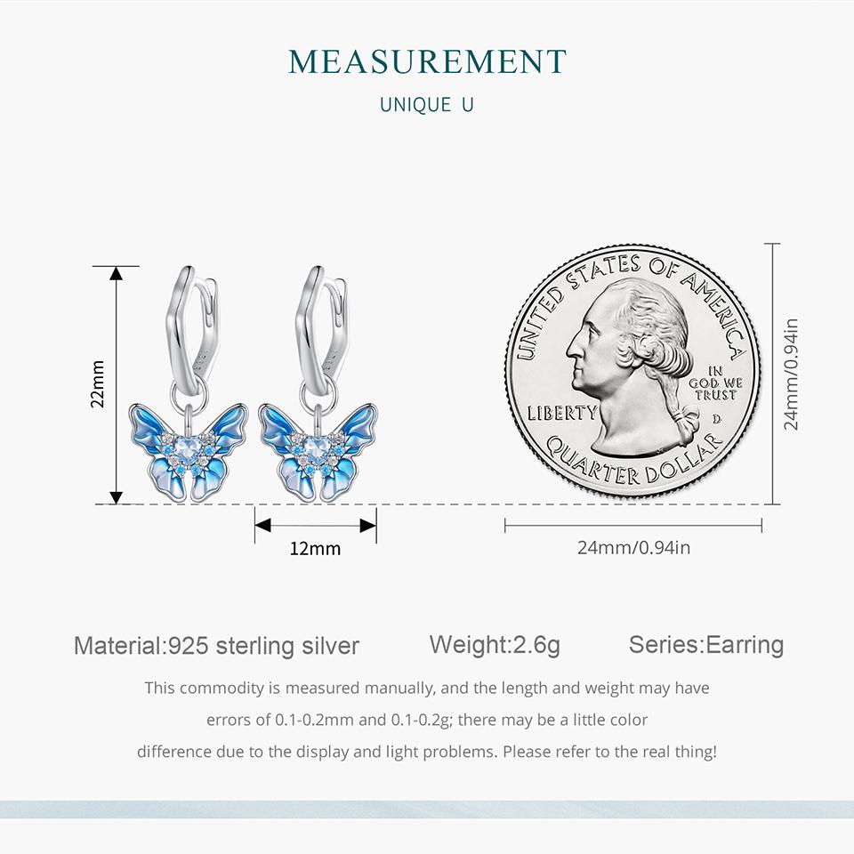 WOSTU 925 Sterling Silver Blue Butterfly Drop Hoop Earrings Women Dreamy Zircon oil printed Ear Clips Statement Wedding Jewelry