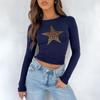 Y2K Ladies Autumn Winter Long Sleeve O Neck Leopard Star Printed Slim Fit Pullover T Shirt Crop Top
