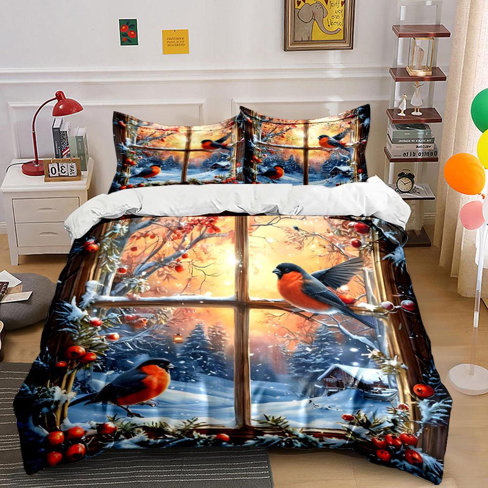 Winter Birds And Snowy Landscape Kid'S And Adults' Bedroom Decor, Exquisite Three-Piece Bedding Set Gift