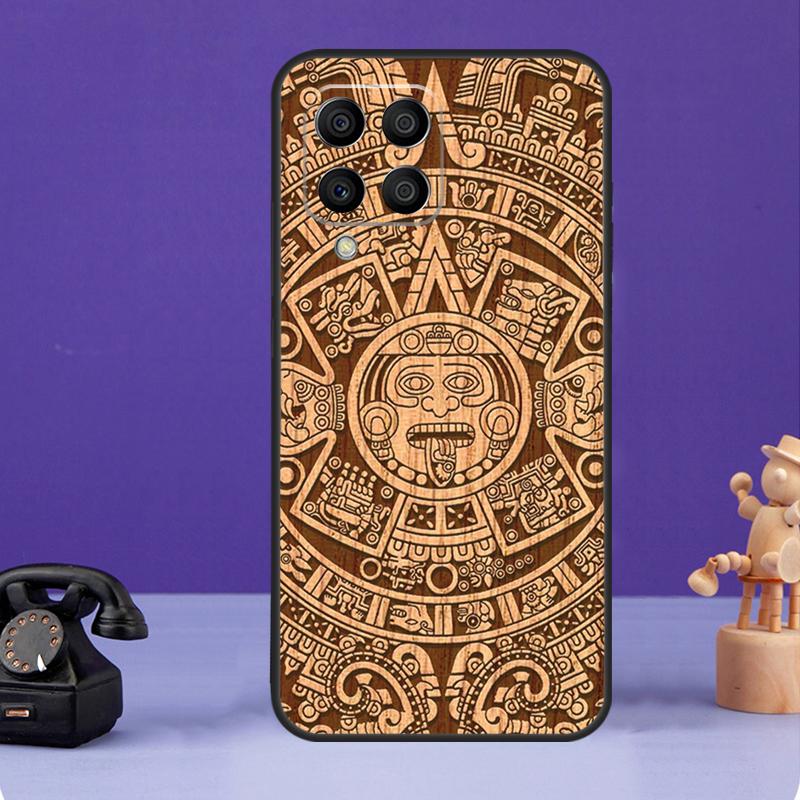 Etui z wzorem kalendarza Majów z drewna do Samsung Galaxy M12 M32 M52 M55 M13 M33 M53 M14 M34 M54 M20 M30s M31s M51 M31 M21