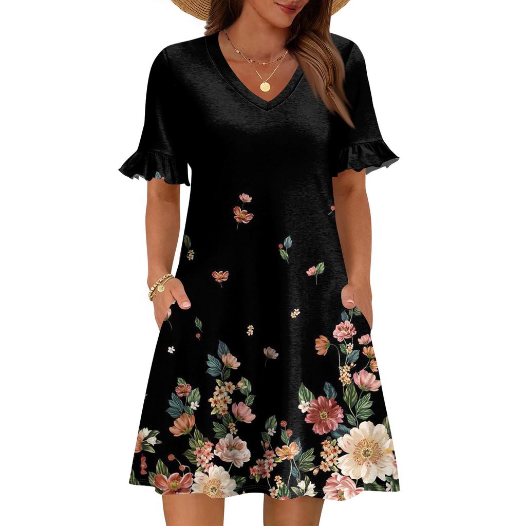 Women A Line Sun Dress Short Sleeve V Neck Printed Dress With Pockets
