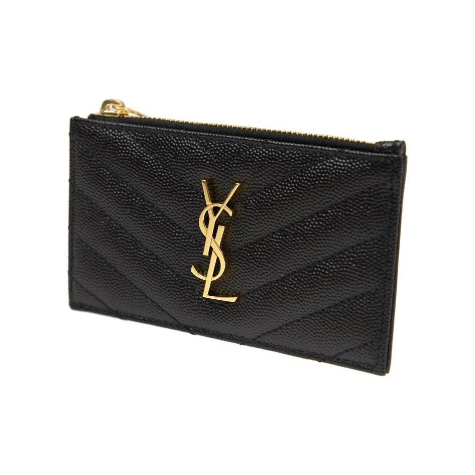 Saint Laurent Ysl Cassandre Gold Logo Zipper Grainy Embossed Quilted Leather Card Holder Coin Purse Women wallet Black 607915-BOW01-1000
