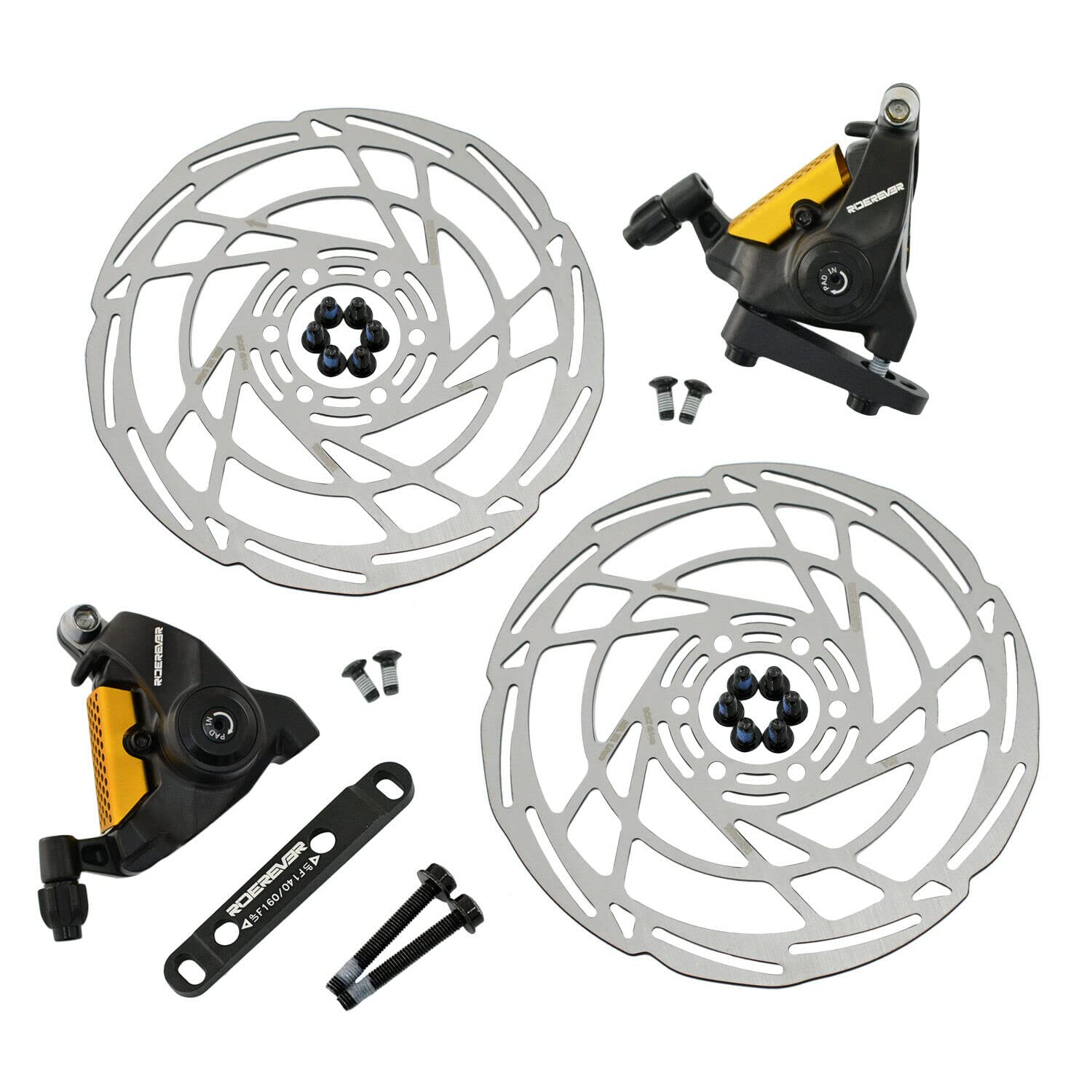 

RIDEREVER Flat Mount Mechanical Disc Brake Set 160mm Black x RD2320 MCX-2 Dual-piston w/ Rotors, Gold,