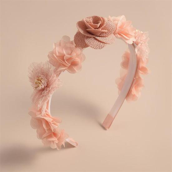 Soft Yarn Headband with Gauze Flowers Faux Pearls Decor Romantic