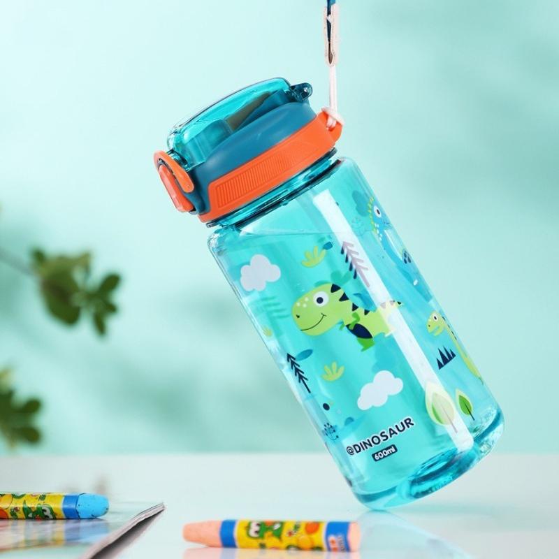 600ml Water Bottle Cartoon Animal Portable Safety Lock Straw Cup Kids Leak-proof Summer Drinking Jug for Outdoor Camping Travel