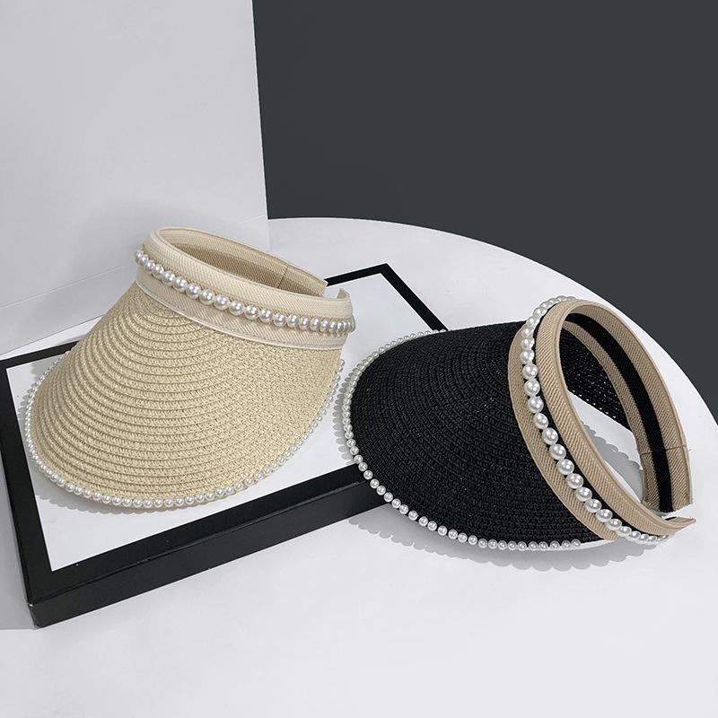 Women'S Summer New Fresh Beach Hat With Pearls Open Top Sun Hat Fashionable Raffia Straw Hat