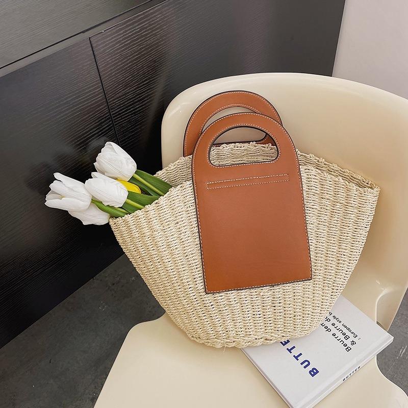 New Block Straw Bag Large Capacity Hand-woven Bag Vegetable Basket Handbag Casual Women's Bag Vacation Beach Bag