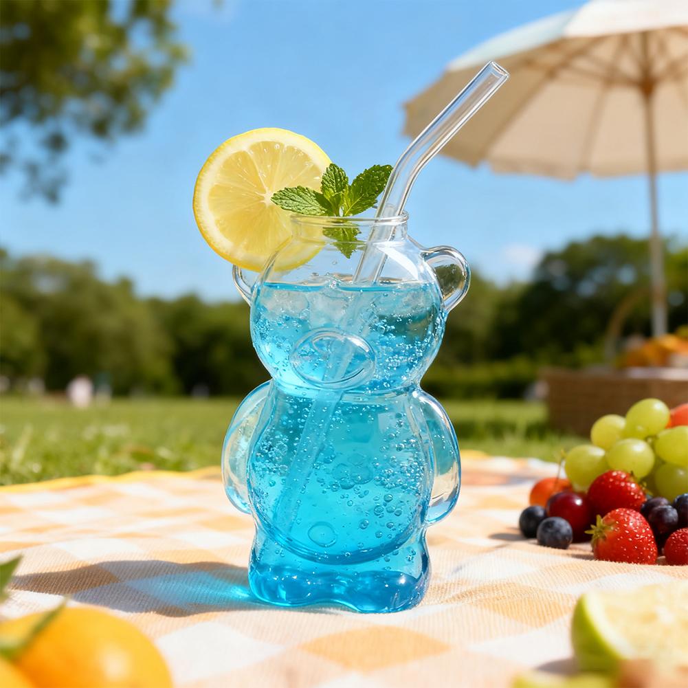 2-Pack 320ml High Borosilicate Glass Bear Shaped Straw Cup Cute Cartoon Beverage Cups for Coffee Juice Milk Tea