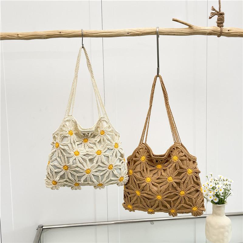 Damen Ein-Schulter-Tasche Trendige Mode Häkelkorb Gänseblümchen Hohlbeutel Lässiger Stil Tragetasche Strandurlaub Strandtasche