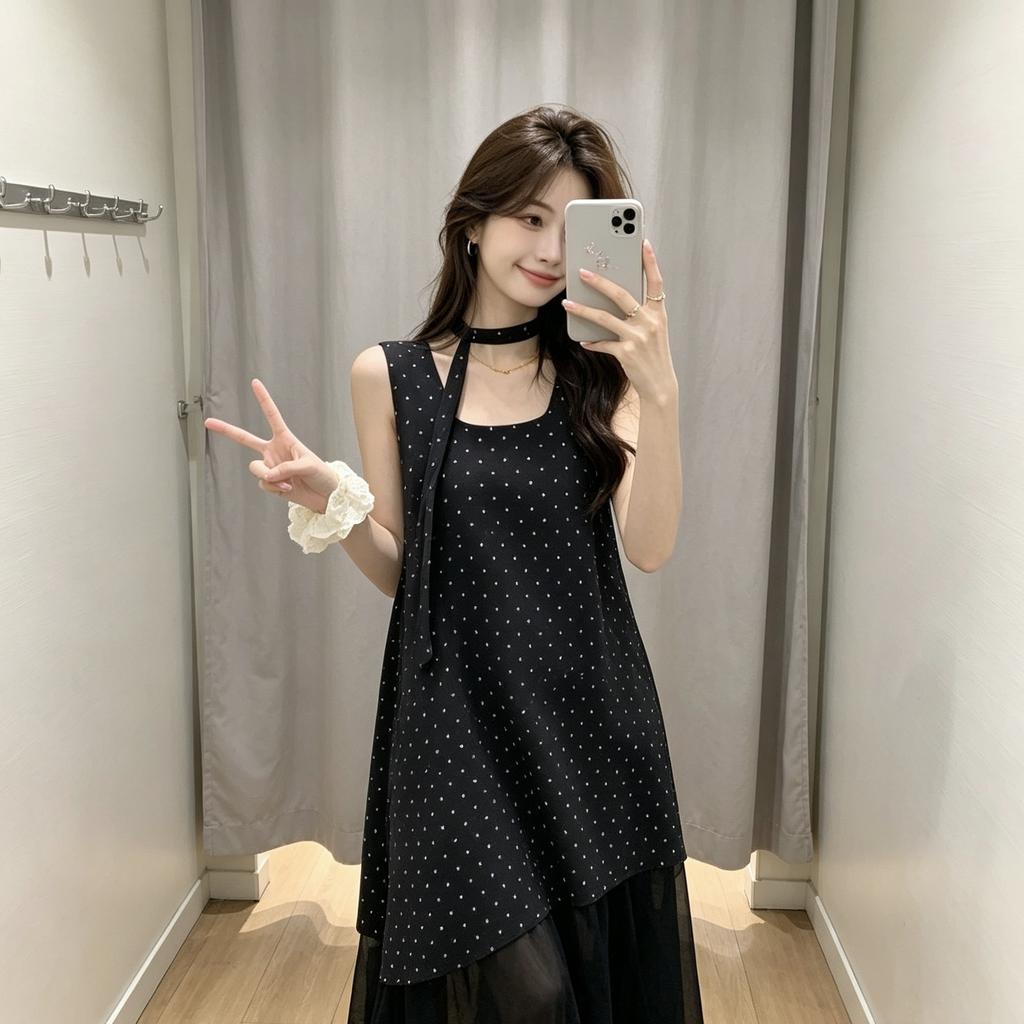 French Retro Black Polka Dot Neck Sleeveless Dress Women's Summer Loose and Thin Splicing Gentle Wind Long Dress Tide