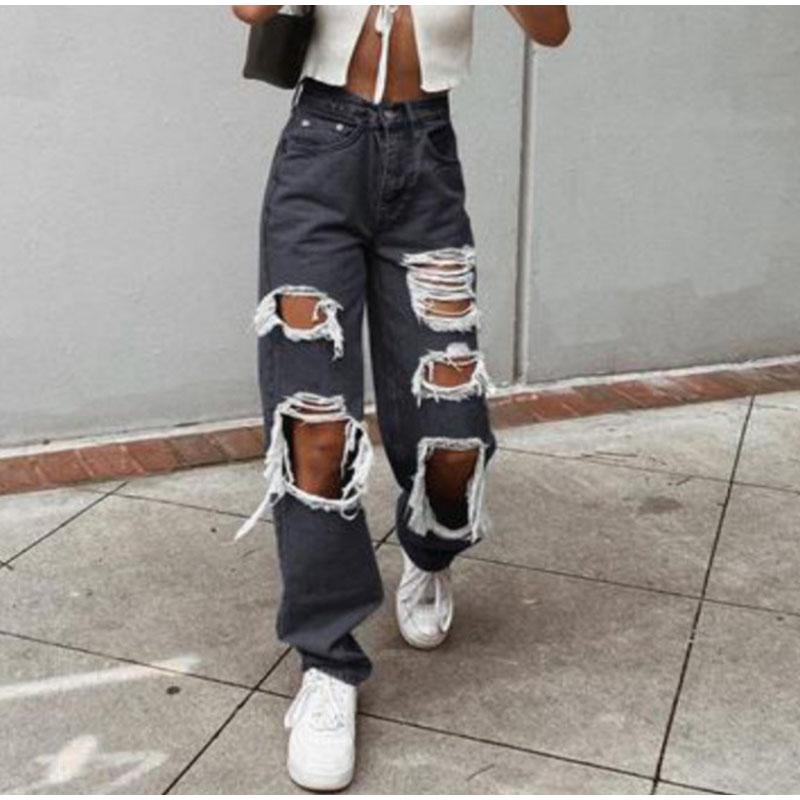 Jeans da donna vintage strappati Distressed Streetwear Buco Hip Hop Pantaloni a vita alta Moda Pantaloni dritti in denim Estate Jean