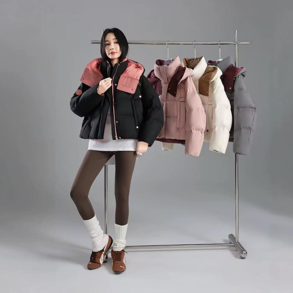 Contrast color down jacket women's short loose and thickened winter new hooded jacket duck down bread jacket