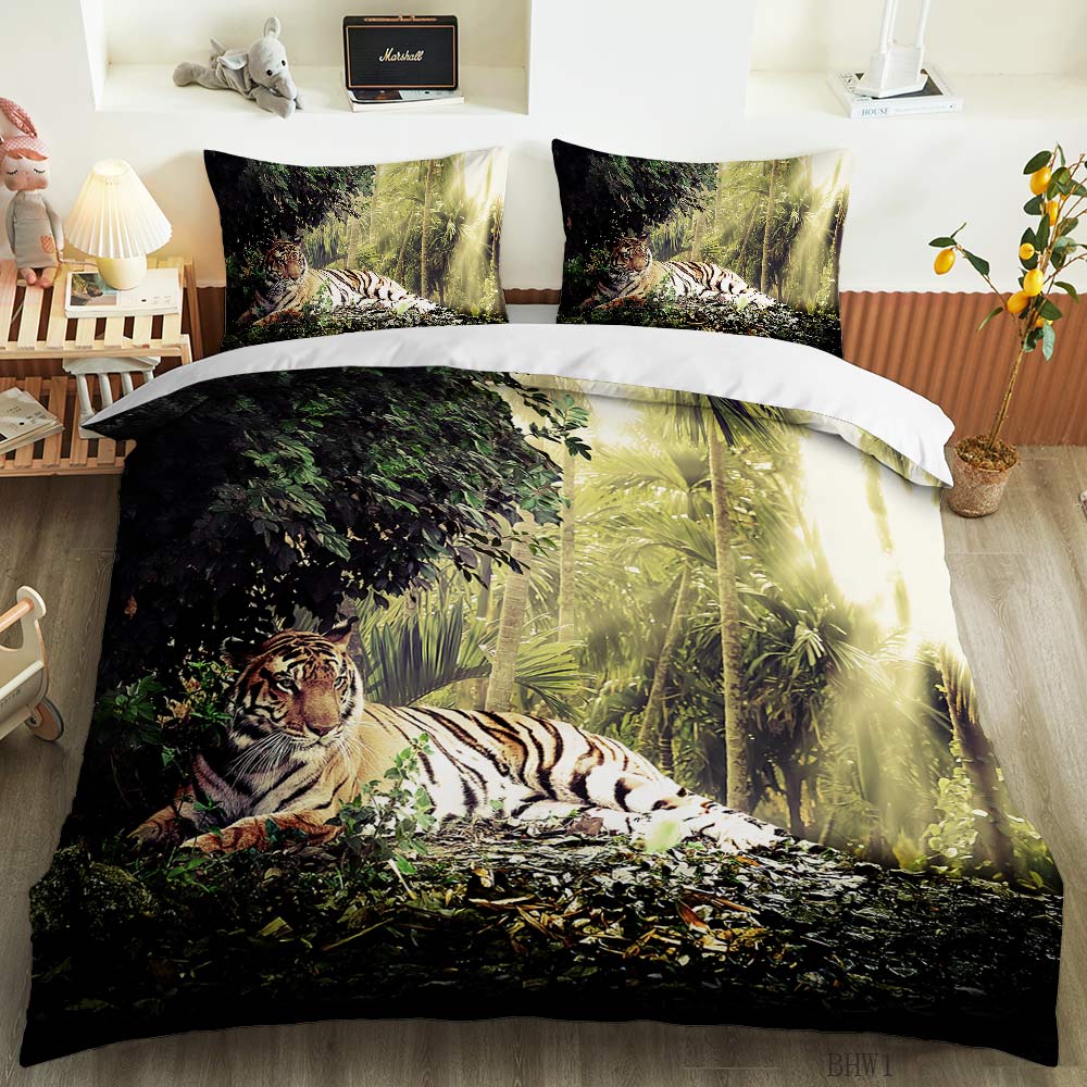 Tiger Lion Leopard Duvet Cover Set Animal Theme 3D Bedding Set King Queen Size For Kids Boy Girl Teens Polyester Comforter Cover