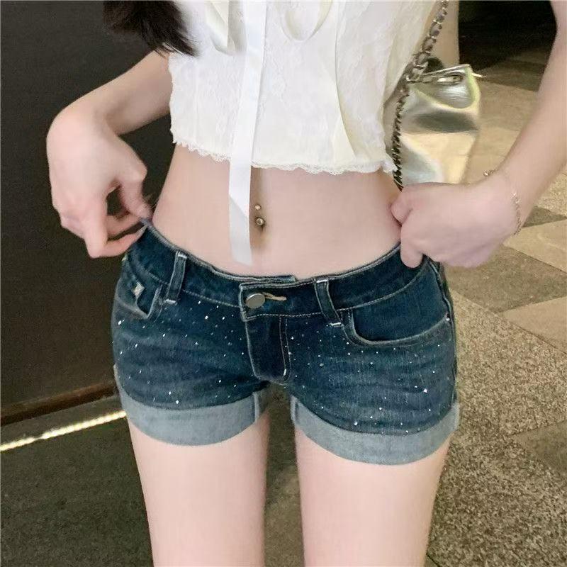 

Spicy Summer Rhinestone Low-Waist Denim Shorts for Women Large темно-синий