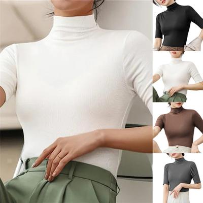 Summer Tops Turtleneck Solid Color Half Sleeve Slim Fit Smooth Summer Wear Women Stretch Layer Comfy High Neck Top Daily Wear
