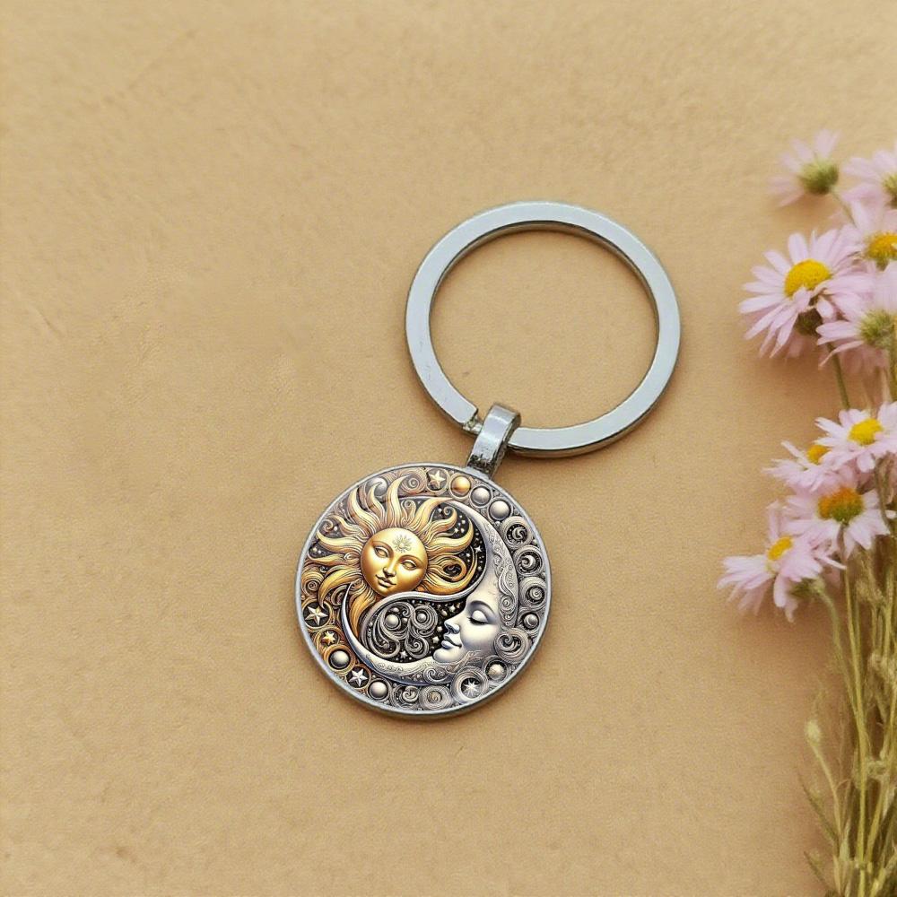 Vintage Sun Moon Keychain Metal and Glass Circular Key Pendant, Men's and Women's Charter Decoration Anniversary Birthday Gift