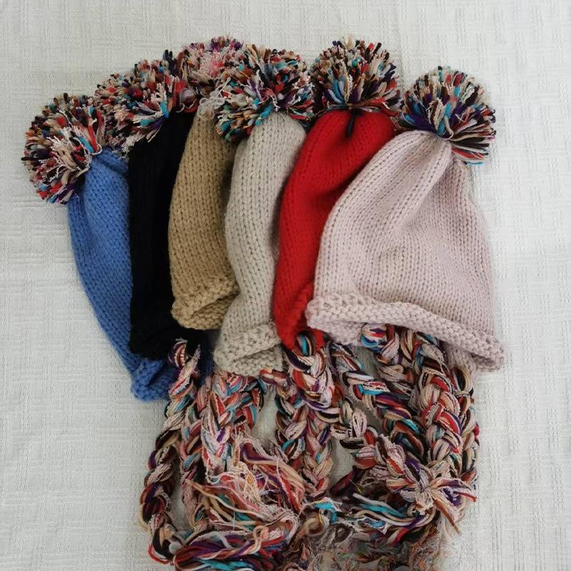 Herbst und Winter Bunte Quaste Pullovermütze für Damen Koreanischer Stil Vielseitig Große Wollkugel Handgefertigt Geflochten Gestrickte Wollmütze