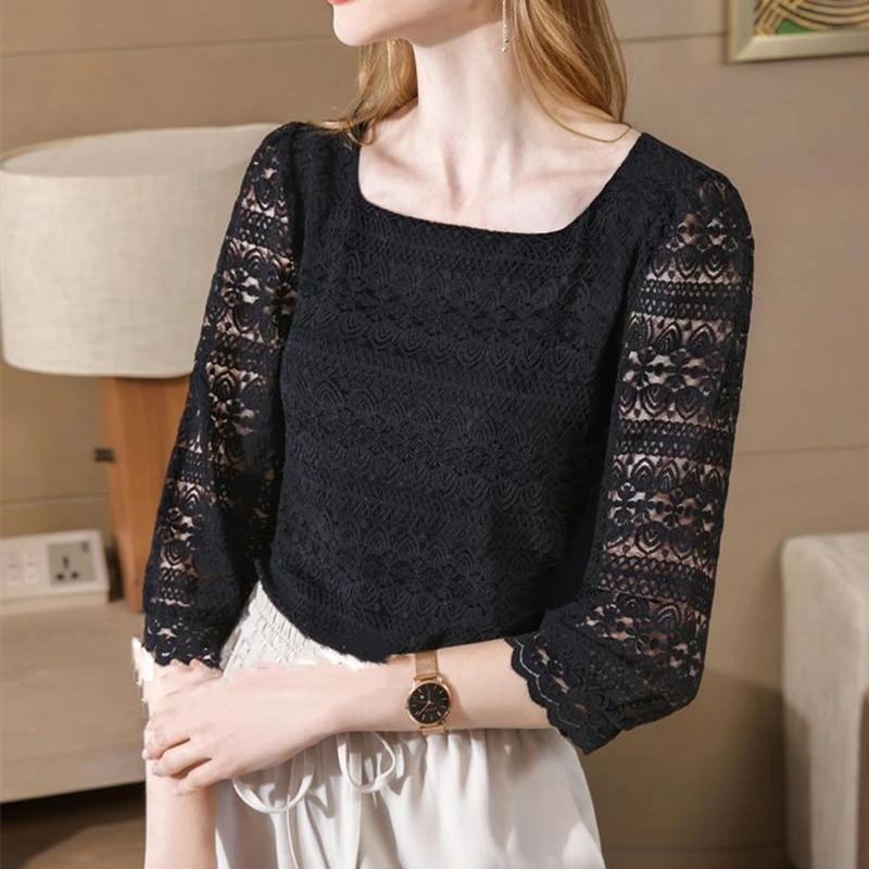 Süße Elegante Lässige Spitzenkleidung für Damen Sommer Aushöhlungen Temperament Slim Top T-Shirt und Blusen Basics Fee