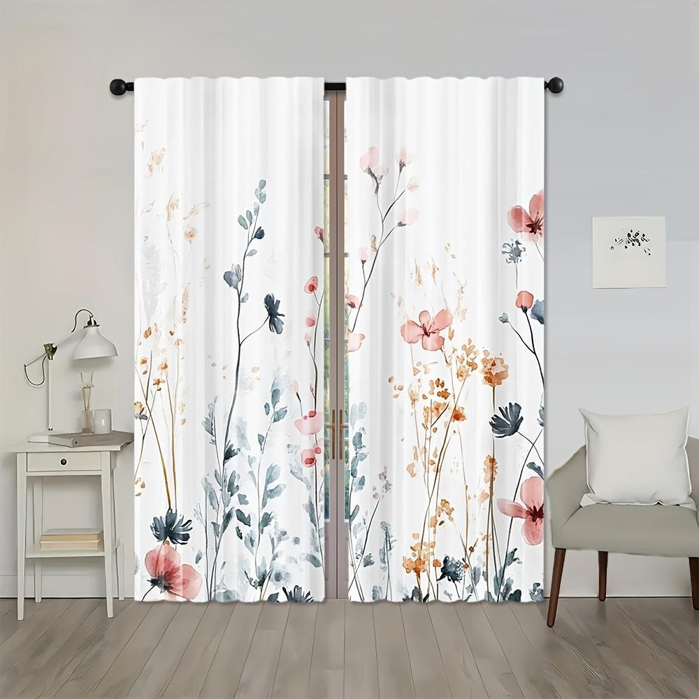 2 Pieces Modern Floral Watercolor Curtains, Polyester Fabric, Machine Washable, Suitable For Bedroom Living Room Decoration