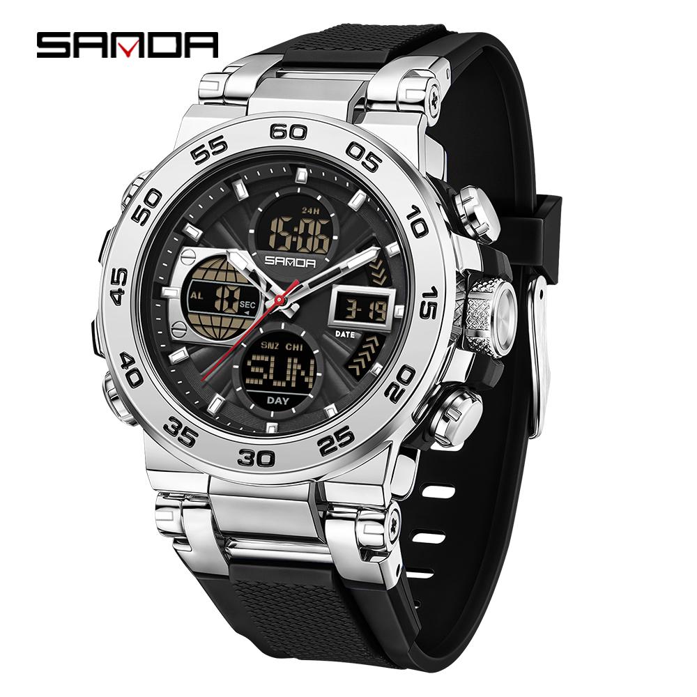 SANDA 6312 New Steel Strip Sports Watch Dual Display Dual Movement 5ATM Waterproof Multi functional Men's Electronic Watch-1