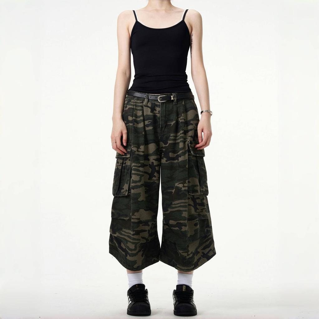Camouflage Unisex Loose Capris Street Style Cargo Shorts Casual Bottom Female Calf-length Pants