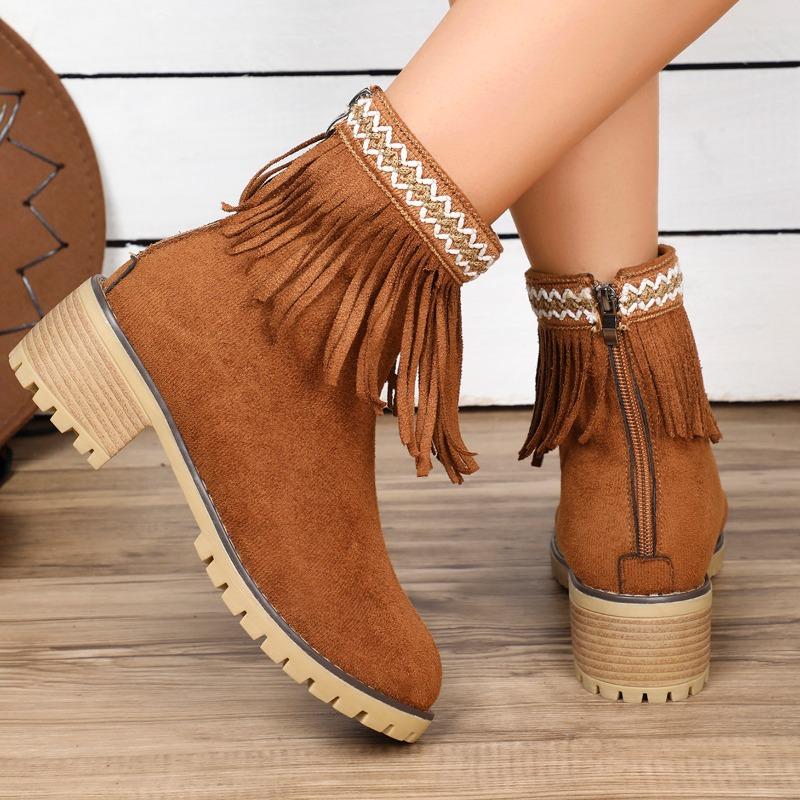 2024 Women's Medium Low Heel Bohemian Motorcycle Boots Tassel Cowboy Boots Spring and Autumn Tassel Women's Boots High Heels