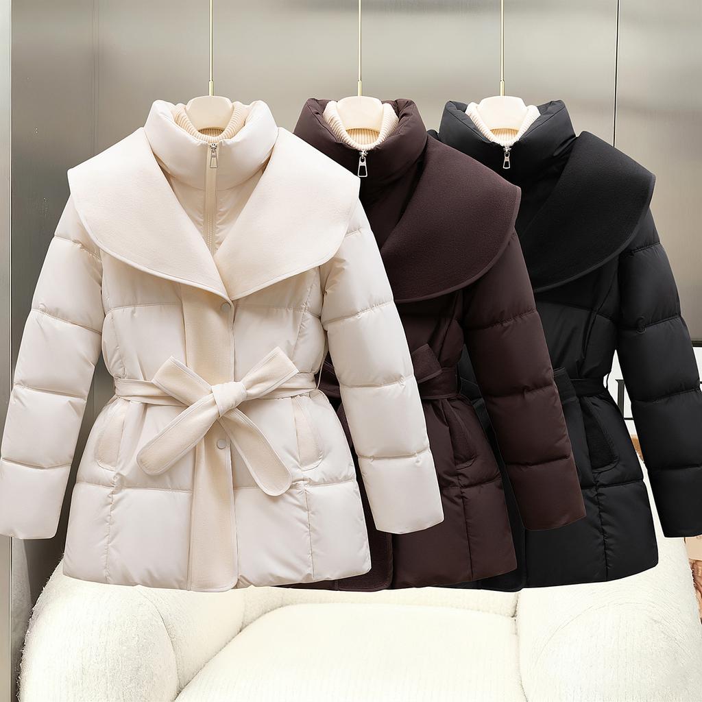 Stand-up collar fashion cotton-padded coat for women's medium and long winter new waist and thin lace-up cotton-padded coat