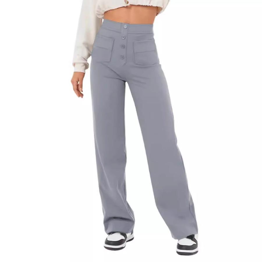 Fashionable Women's Casual Straight Leg Pants with High Waist Button Elastic Band Multiple Pockets Trousers Women’s