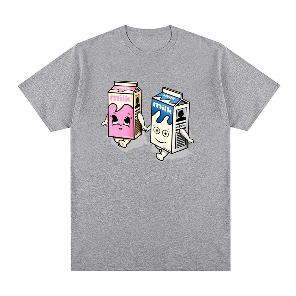 Men's milk hand-holding funny pattern printed 100% pure cotton retro short-sleeved T-shirt and top