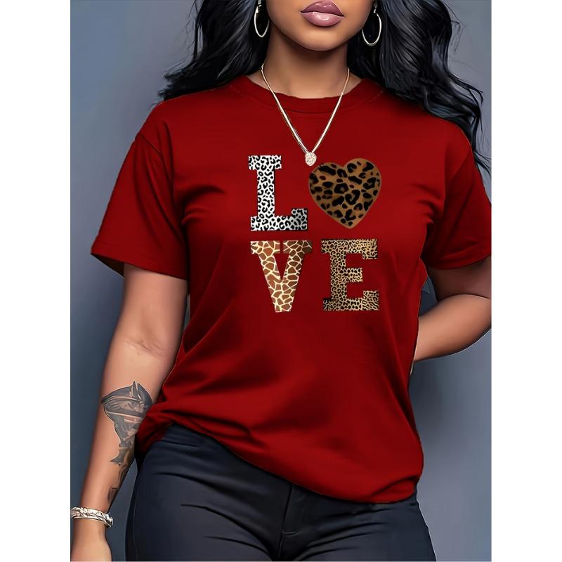 Fashion White  Love  Leopard Heart Pattern T-shirt-Casual round Neck Short Sleeves Casual T-shirt Leopard Heart Pattern XL