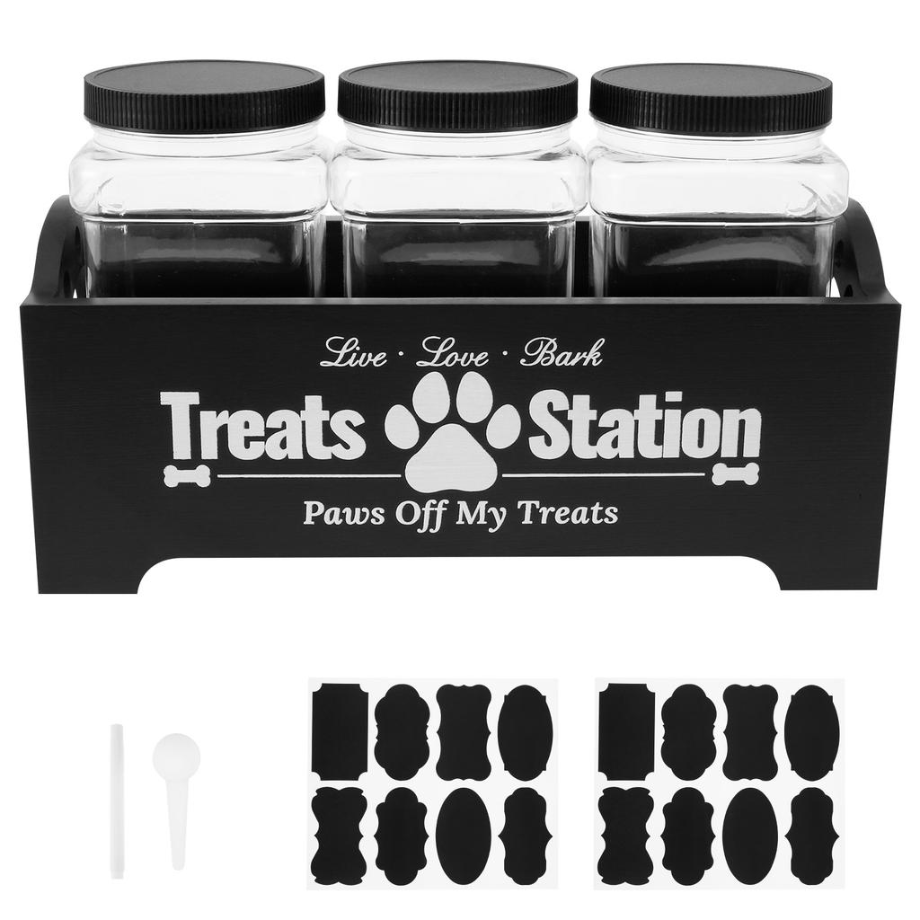 Wood Dog Food Container with 3 Plastic Treat Jars Cat Food Container with Handles Practical Food Storage Container Decorative