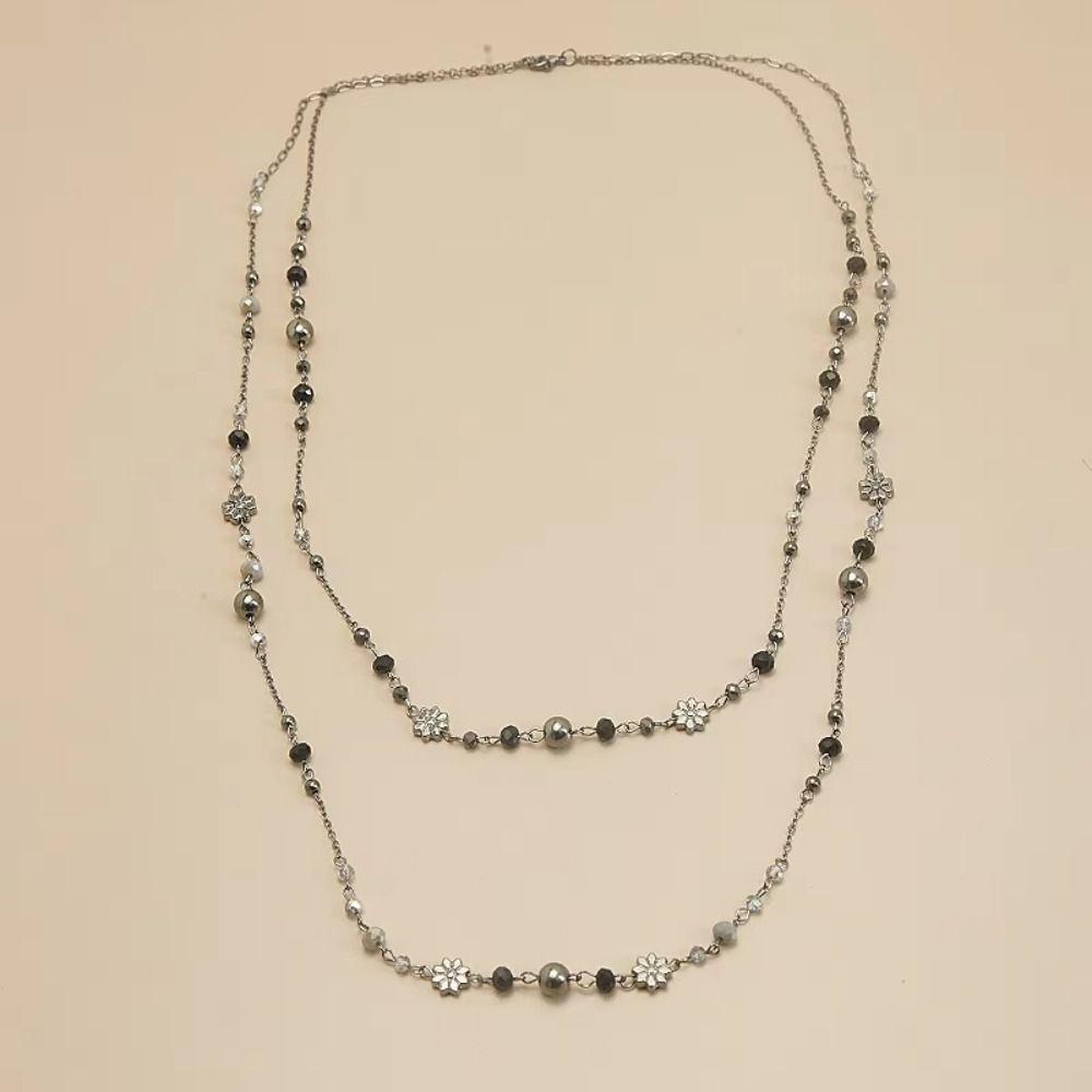 Long Flower Necklace Beaded Geometric Necklace Fashion Sweater Chain