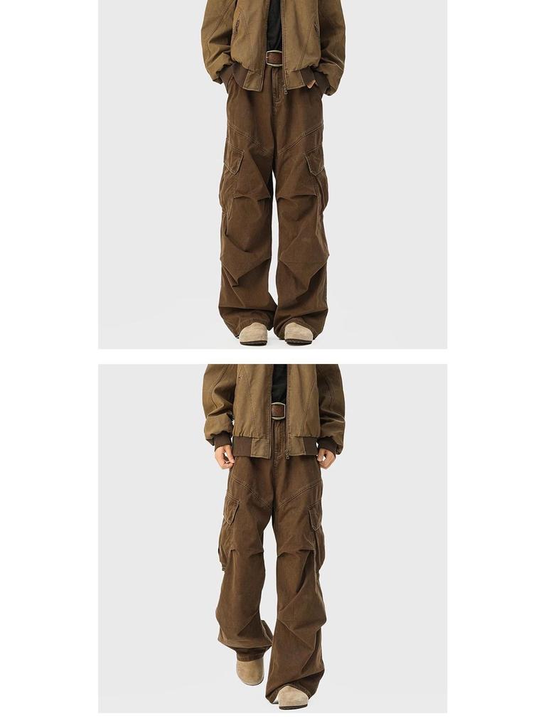 Men's Mylar Brown Cargo Pants: American Retro Multi-Pocket, Autumn/Winter CleanFit Micro-Flare Jeans