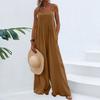 Summer Ethnic Style Solid Color Jumpsuit Square Collar Sleeveless Wide Leg Adjustable Straps Pockets Long Playsuit Streetwear