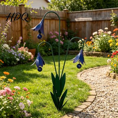 Handcrafted Metal Garden Stake Triple Bluebells with Bells Handmade Flower Yard Art Stakes With Wind Chimes Rustic Decorative Outdoor Bell for Lawn