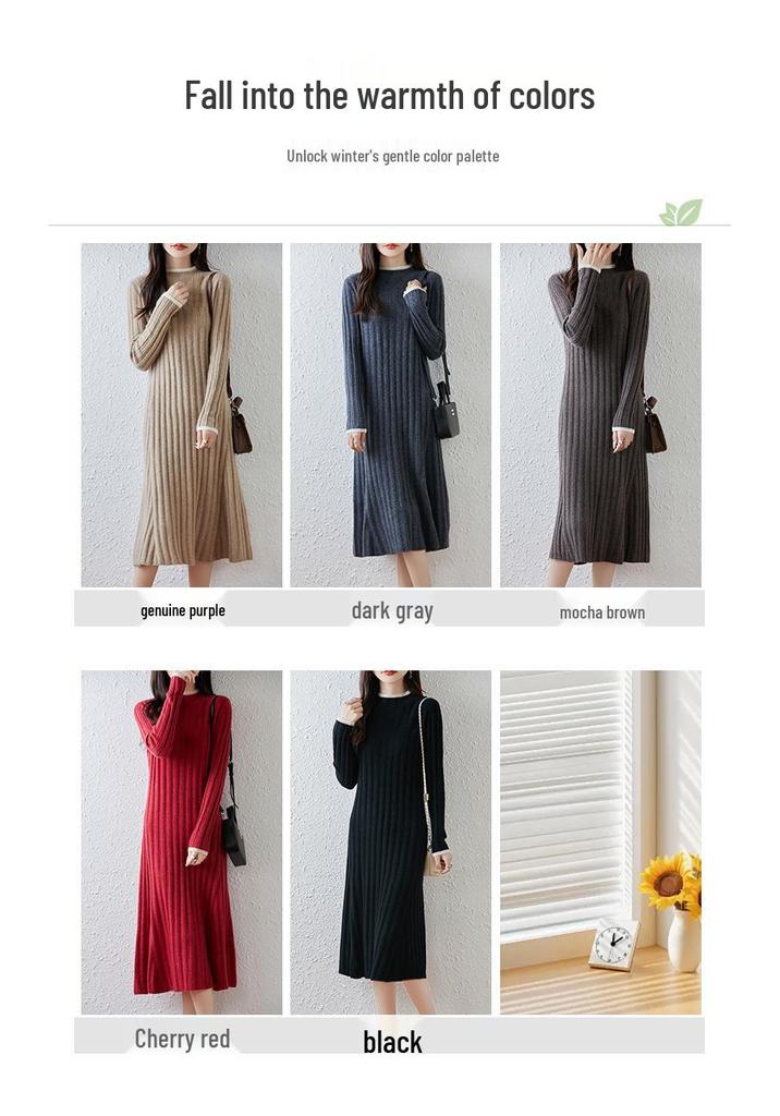 Women's Mid-Length Wool Knit Dress with High Collar - Elegant Cashmere Base Layer for Autumn/Winter
