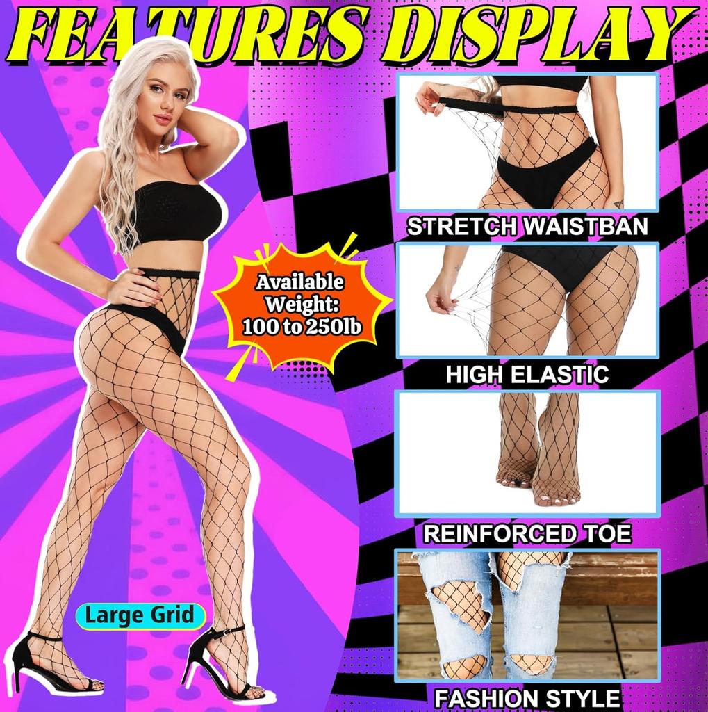 Fishnet Stockings For Women, Black Fishnets Tights Thigh High Stockings Pantyhose, Plus Size Fits All