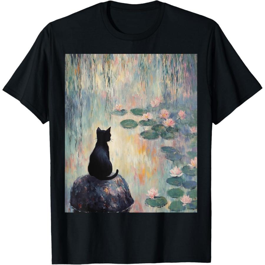 Моне Черный Кот Кувшинки Искусство Любитель Кошек Мужчины Женщины Футболка S