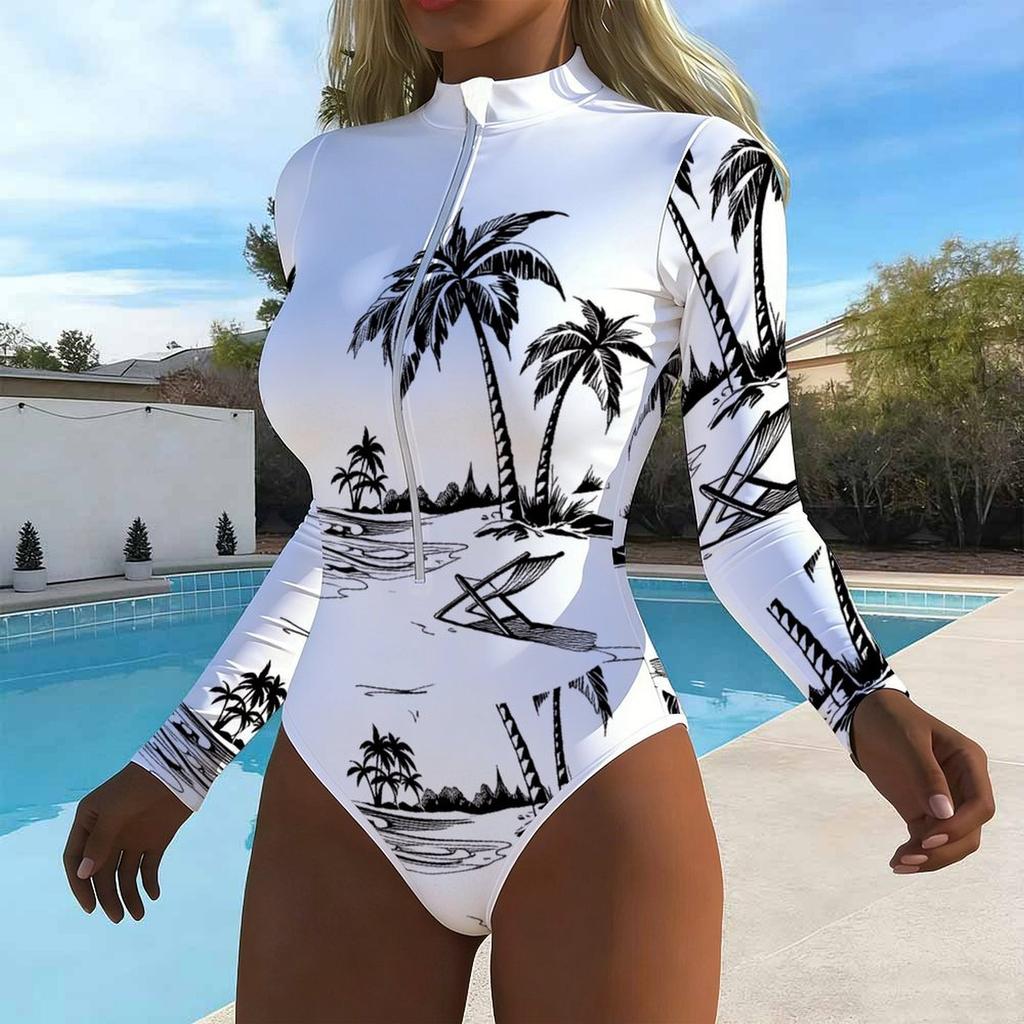 Women Long Sleeve One Piece Swimsuit Zip Front  Sea Turtle Print Rash Guard Surfing Bathing Suit