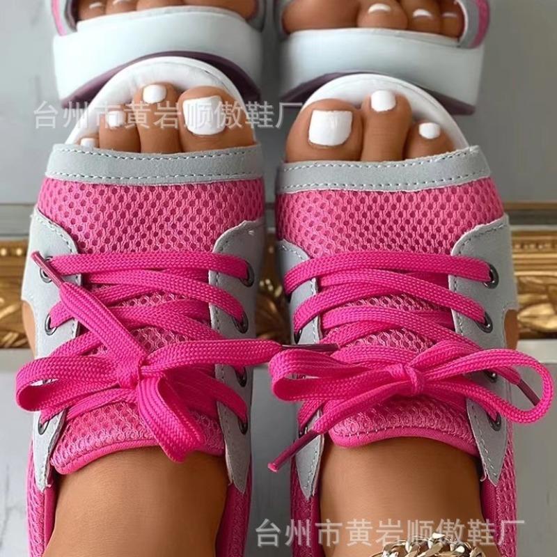 Sandals Women's Summer New Fashion Fish Mouth Sandals Lace-up Wedge Heel Rocking Bottom Sports Sandals