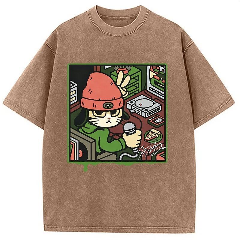 

Harajuku Washed Acid Tshirts Casual Loose Short Sleeve Round Neck Holiday Tees Summer Hiphop Rapper Cat Printed Tops S