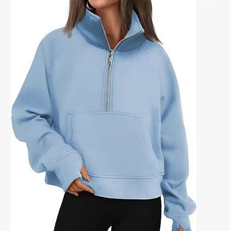 Women's Autumn/Winter Solid Color Half-Zip Cropped Hoodie - European & American Style