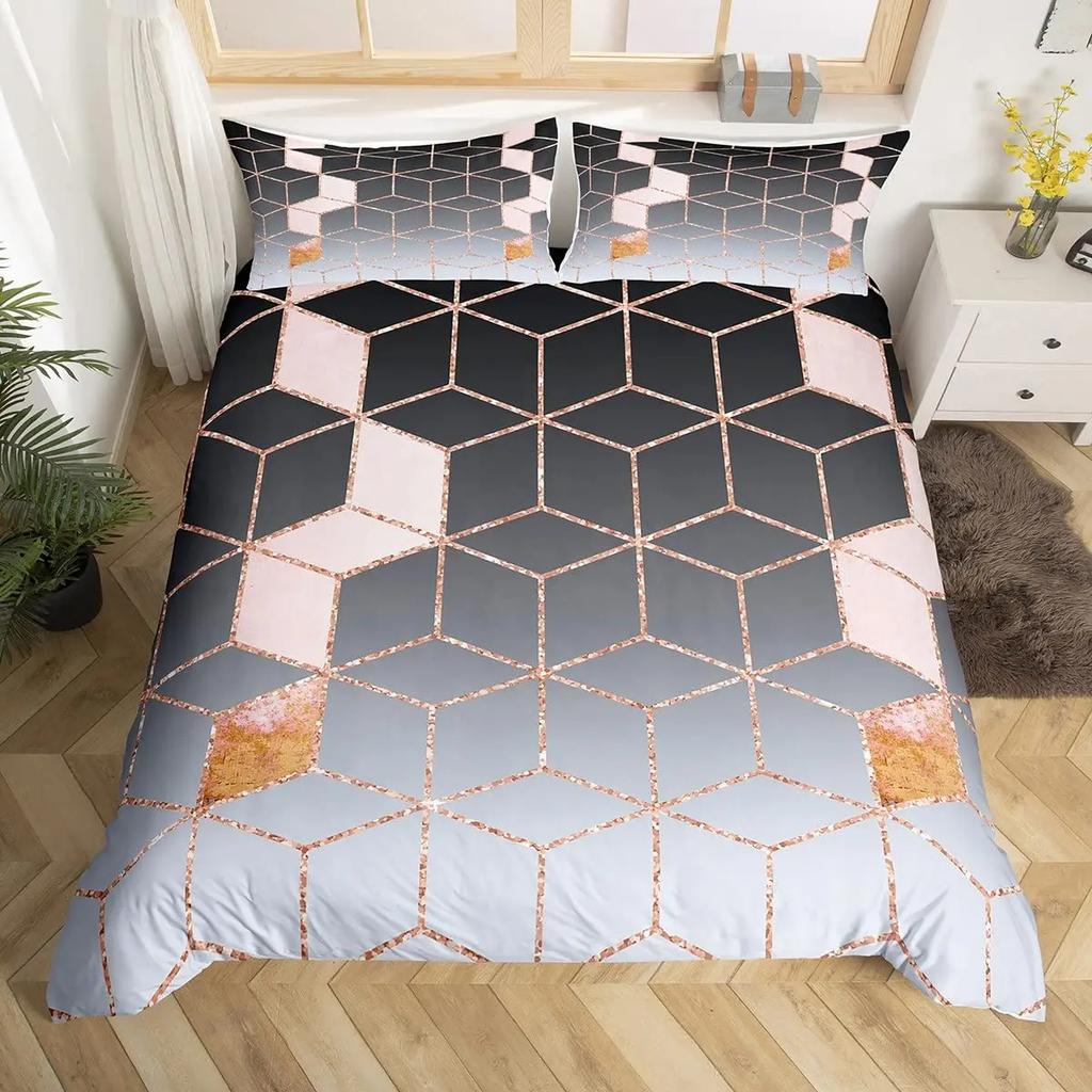 Geometry Ombre Duvet Cover Full King,Honeycomb Marble Geometric Bedding Set For Teen Girls Women Diamond Hexagon Comforter Cover