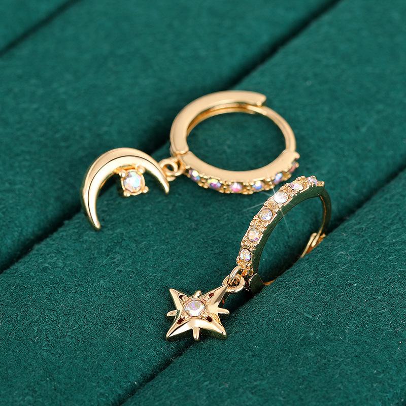 2024 Trend Earrings, Asymmetrical Star Moon Diamond Earrings, Temperament Versatile Ear Buckles