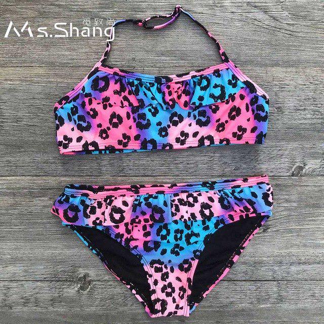 Baby Girl One Shoulder Swimsuit Infant Leopard Ruffles Tassel Sleeveless Swimwear Bathing Bikini Set