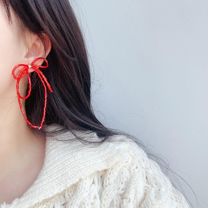 Exquisited Beaded Bowknot Drop Earrings Simple Dangle Earrings Fashion Tassels Drop Earrings Jewelry Small Hoop Earrings